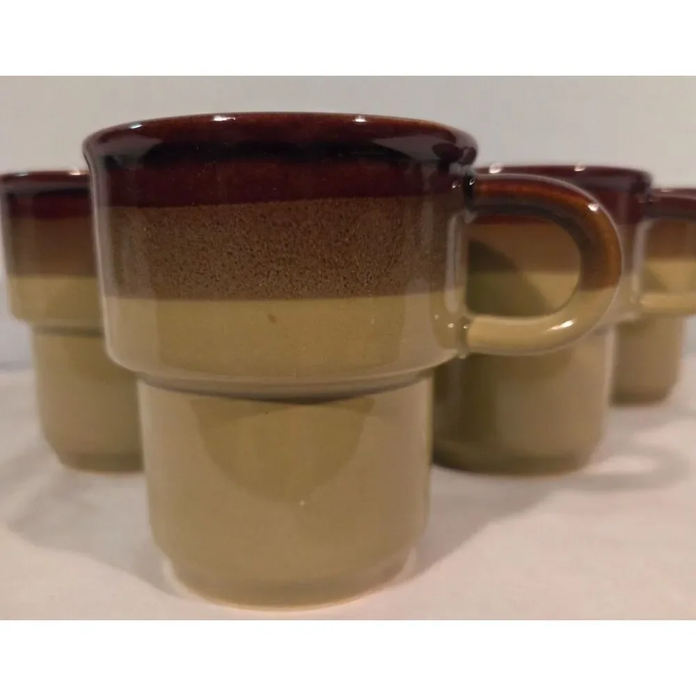 Vintage Studio Pottery Coffee Mugs Set of 6 Brown Drip Glaze